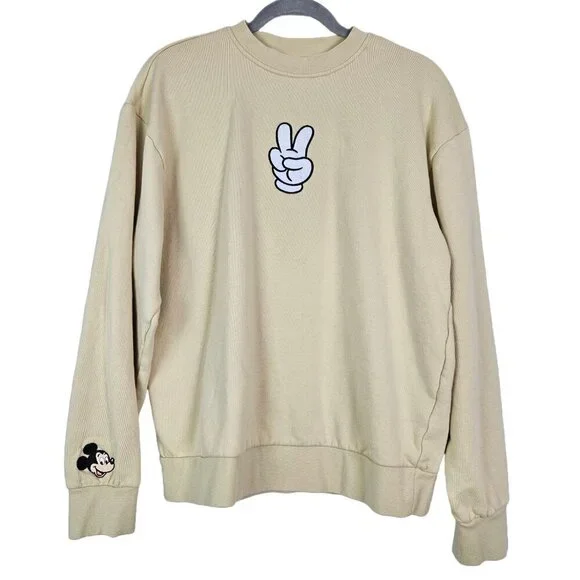 Disney Mickey Peace Sign Pullover Crewneck Sweatshirt Beige Tan M - Picture 1 of 5